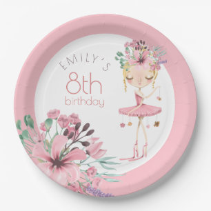 Elegant Ballerina Florals Girl 8th Birthday Party Paper Plate