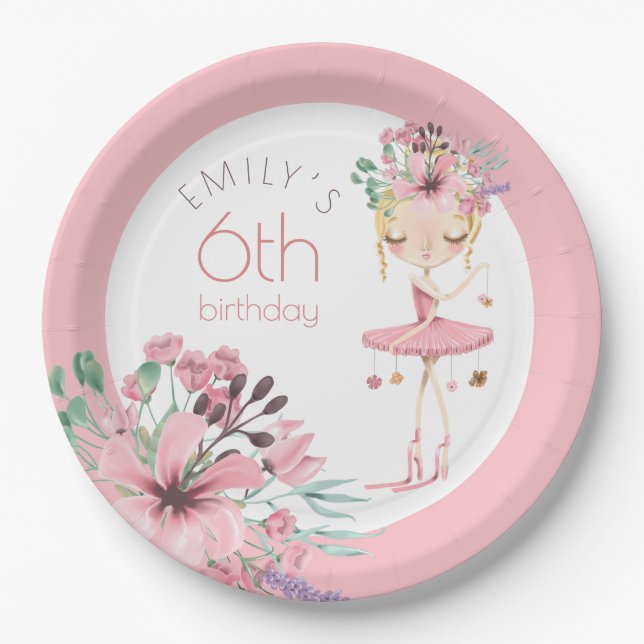 Elegant Ballerina Flowers Girl 6th Birthday Party Paper Plate (Front)