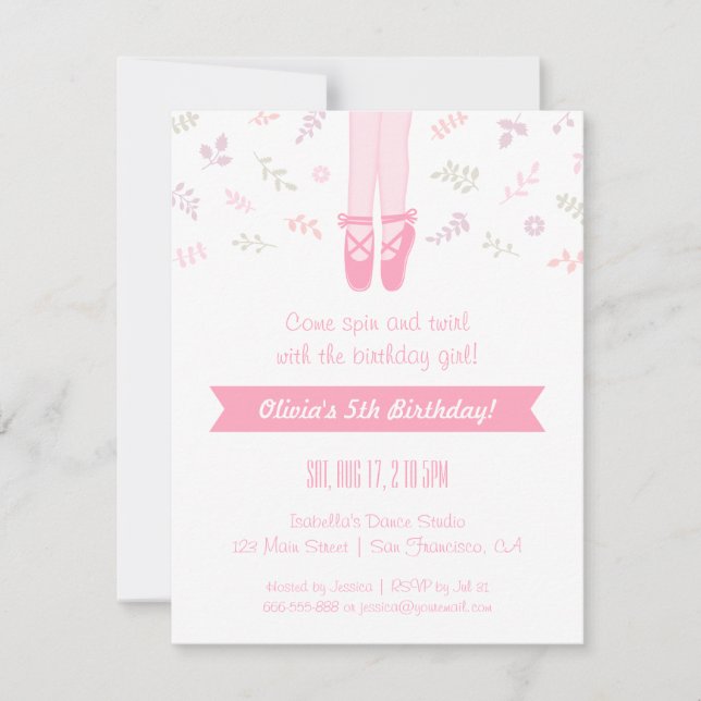 Elegant Ballerina Girl Birthday Party Invitations (Front)