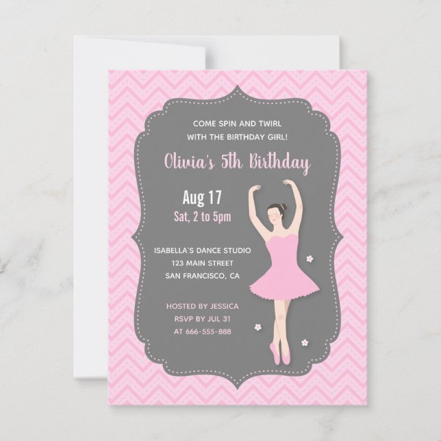 Elegant Ballerina Girls Birthday Party Invitations (Front)