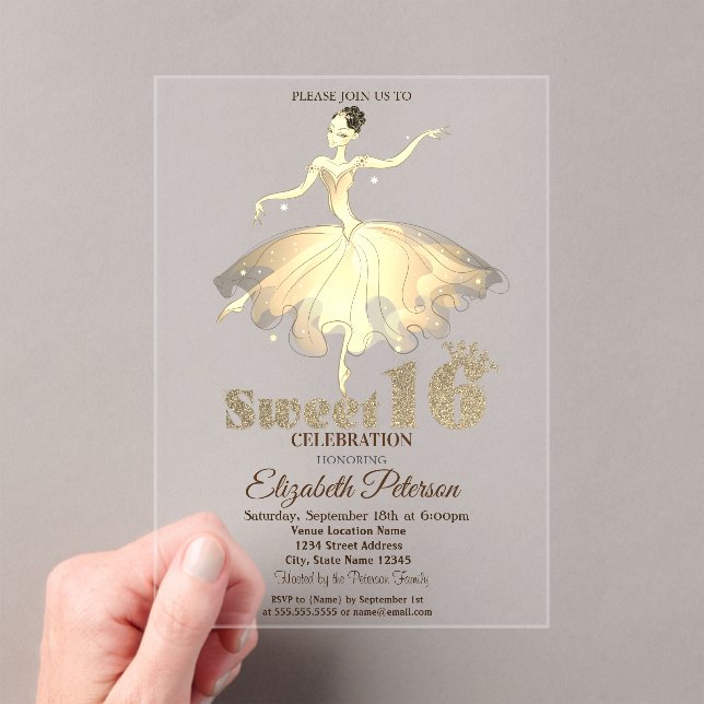 Elegant Ballerina Gold Glitter Bokeh Sweet 16 Acrylic Invitations (Insitu (Handheld))