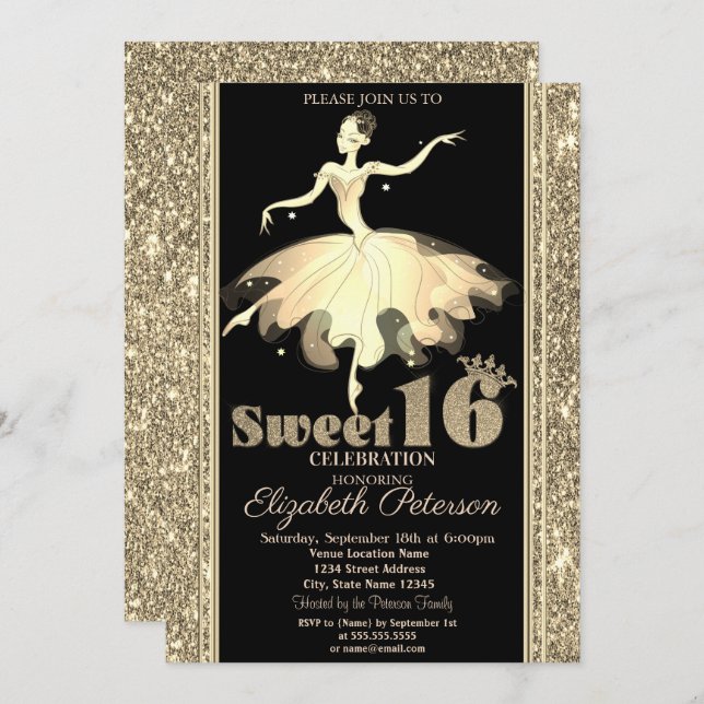 Elegant Ballerina Gold Glitter Sweet 16 Invitation (Front/Back)