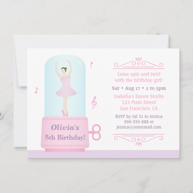 Elegant Ballerina Music Box Girl Birthday Party Invitation (Front)