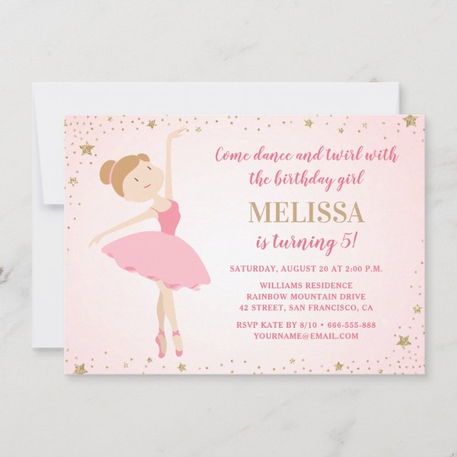 Elegant Ballerina Pink Gold Stars | Girl Birthday Invitation (Front)