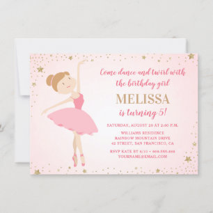 Elegant Ballerina Pink Gold Stars   Girl Birthday Invitation