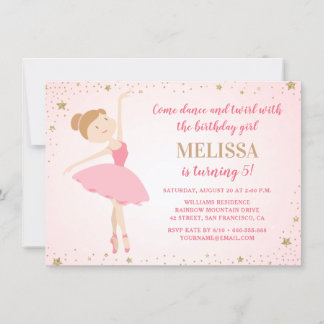 Elegant Ballerina Pink Gold Stars | Girl Birthday Invitation