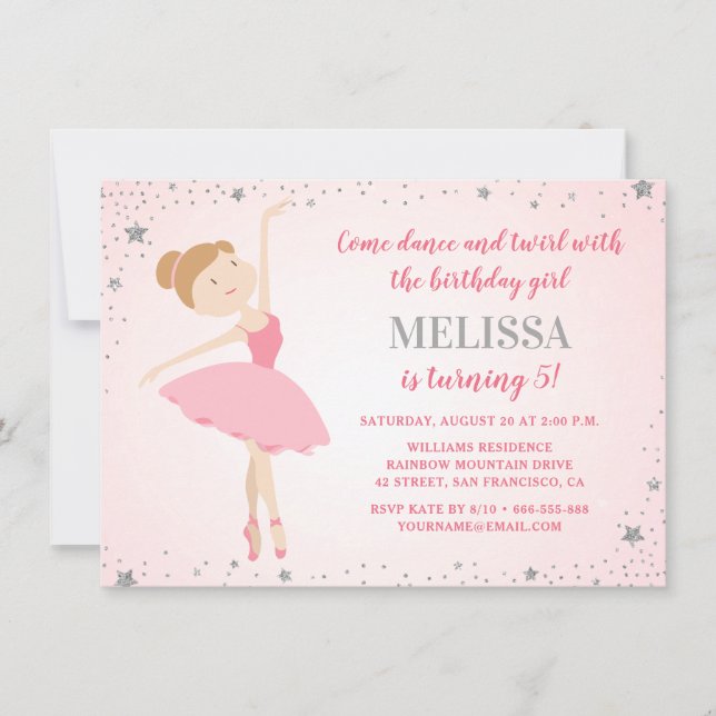 Elegant Ballerina Pink Silver Stars Girl Birthday Invitation (Front)