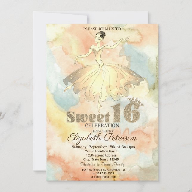 Elegant Ballerina Watercolor Splash Sweet 16 Invitation (Front)