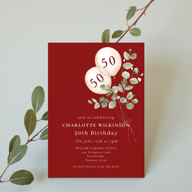 Elegant Balloons Eucalyptus 50th Birthday Invitation (Creator Uploaded)