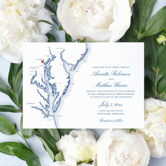 Elegant Baltimore Maryland Map Wedding Invitation (Elegant Baltimore Maryland map wedding invitation with navy blue map of the Chesapeake Bay)