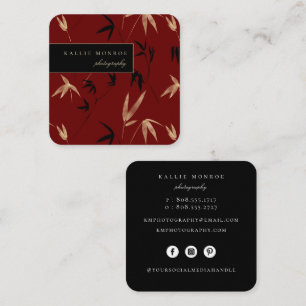Elegant Bamboo Foliage Dark Red Square Business Card