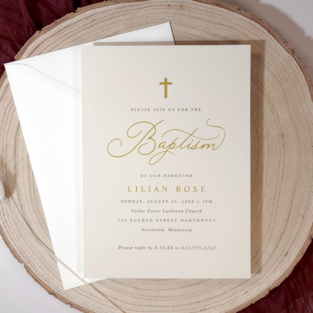 Elegant Baptism Beige Champagne Script Cross Invitation (Light beige baptism invitation with gold cross and script—timeless and personalized.)