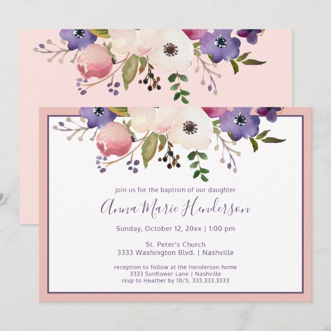 Elegant Baptism Blush Pink and Purple Girl Invitation (Front/Back)