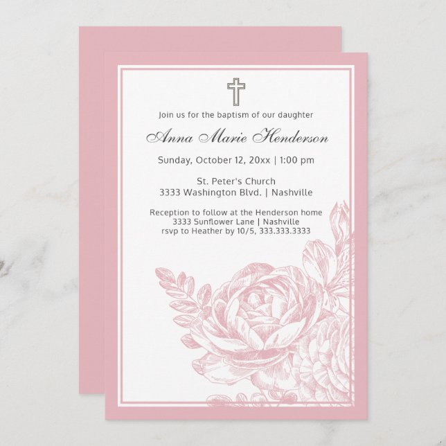 Elegant Baptism Blush Pink Line Drawn Floral Invitation (Front/Back)