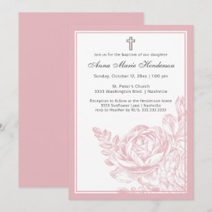 Elegant Baptism Blush Pink Line Drawn Floral Invitation