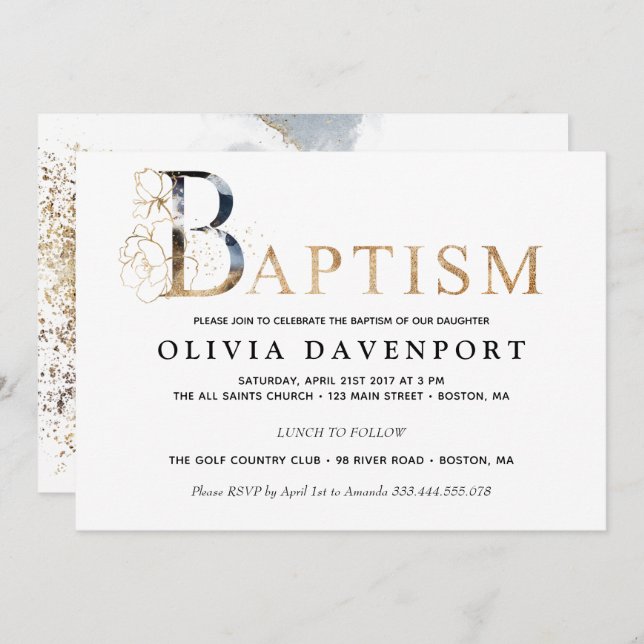 Elegant Baptism boy girl gold and blue Invitation (Front/Back)