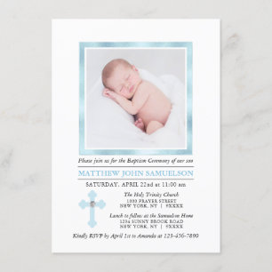Elegant BAPTISM CHRISTENING Cross Blue Boy   PHOTO Invitation