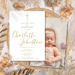 Elegant Baptism Christening Gold Signature Photo Save The Date<br><div class="desc">Elegant baptism christening gold signature save the date invitation featuring an elegant golden script signature name. Personalise with your special baptism or christening information in chic gold lettering and photo on the reverse. Designed by Thisisnotme©</div>
