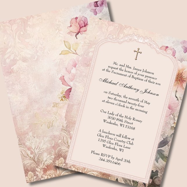  Elegant Baptism Christening Pink  Floral  Invitation (Creator Uploaded)