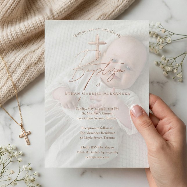 Elegant Baptism Christening Religious Cross Photo (Elegant Baptism Christening Religious Cross Photo Foil Invitation)