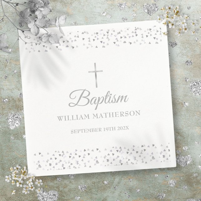 Elegant Baptism Christening Silver Hearts Napkin (Elegant Baptism Christening Silver Hearts Napkins)