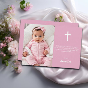 Elegant Baptism Christening White Cross Dusty Pink Thank You Card