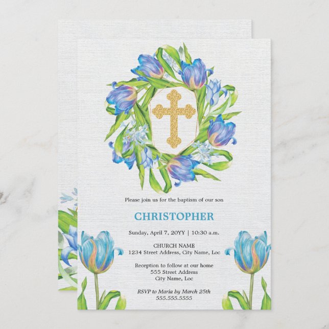 Elegant Baptism Floral Invitation (Front/Back)