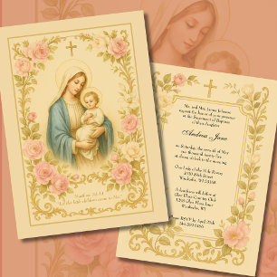 Elegant Baptism Floral Mother Mary Traditional  Invitation