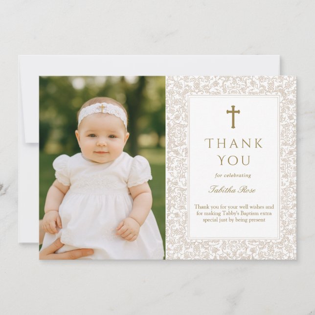 Elegant Baptism  | Gold Cross Photo Thank You Invitation (Front)
