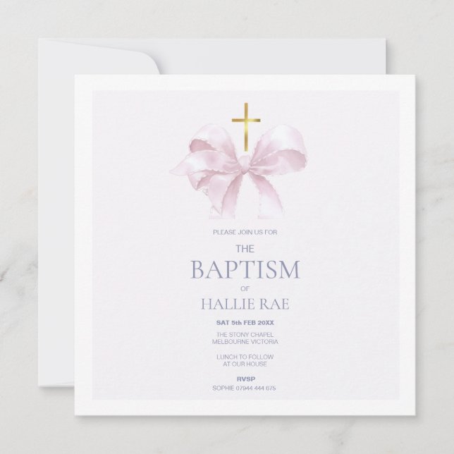 Elegant Baptism Invitation, Pink Bow & Gold Cross Invitation (Front)
