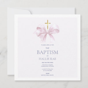 Elegant Baptism Invitation, Pink Bow & Gold Cross Invitation