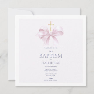 Elegant Baptism Invitation, Pink Bow & Gold Cross Invitation