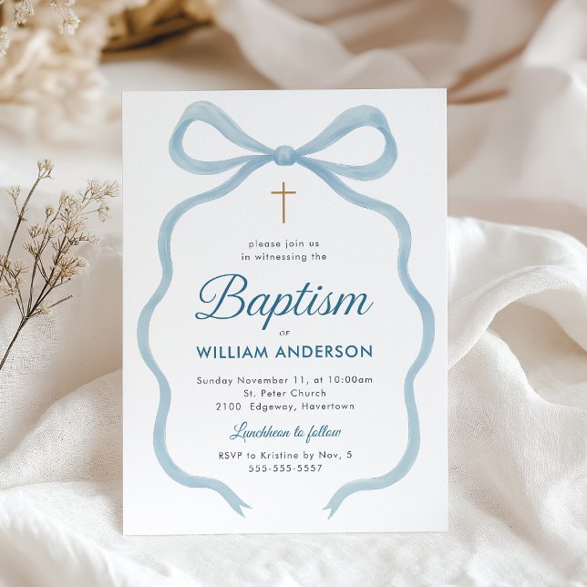 Elegant Baptism Invitation with Blue Bow and Cross (Classic Baptism invitation with blue bow and cross on soft fabric backdrop.)