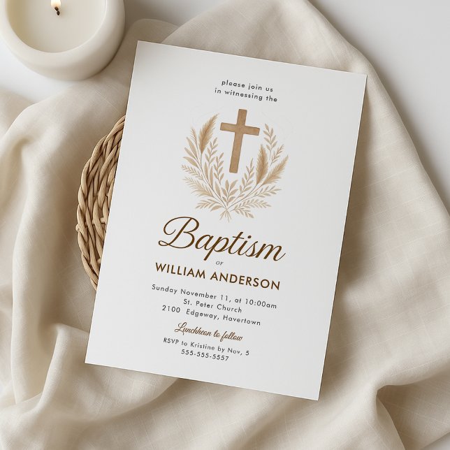 Elegant Baptism Invitation with Gold Cross and Oli (Elegant baptism invitation with a gold cross and olive wreath, perfect for a baby boy.)