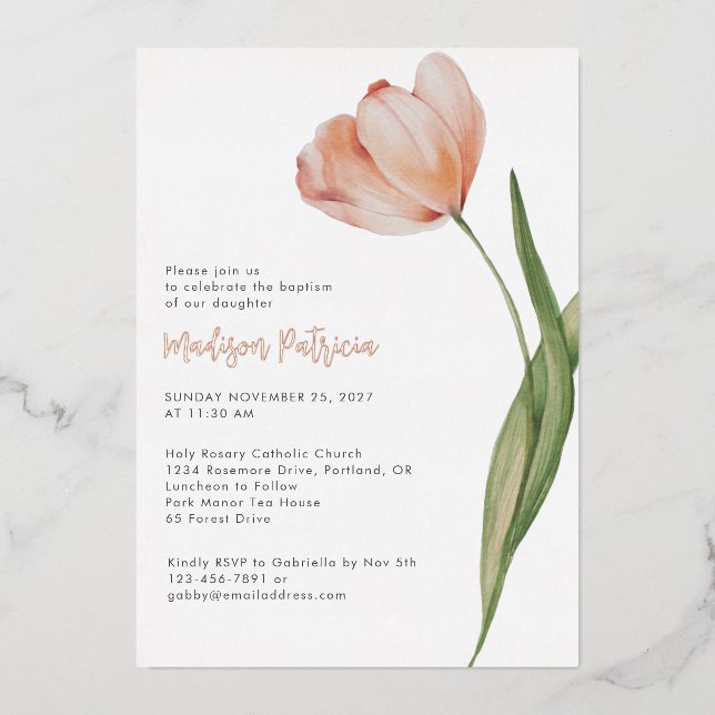 Elegant Baptism Peach Floral Tulip Rose Gold (Front)