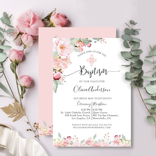 Elegant Baptism Pink and Mint Floral Invitation (Creator Uploaded)
