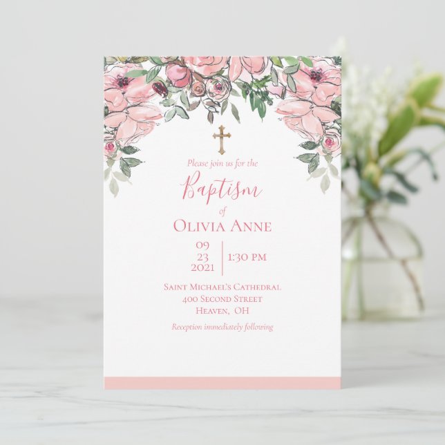 Elegant Baptism Pink Floral Name Invitation (Standing Front)