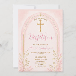 Elegant Baptism Pink Gold Cross Floral Arch Boho Invitation