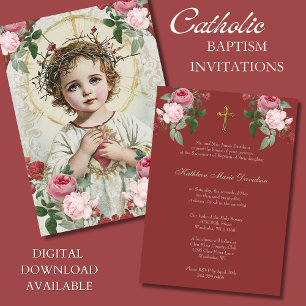 Elegant Baptism Pink Red Floral Jesus  Invitation