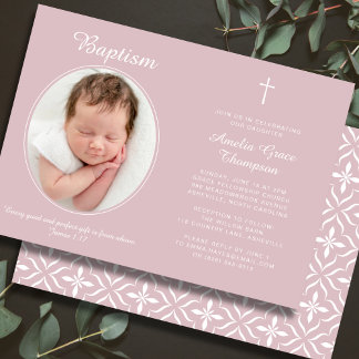 Elegant Baptism Religious Cross Photo Dusty Pink Invitation
