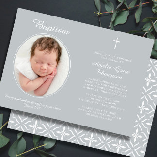 Elegant Baptism Religious Cross Photo Neutral Gray Invitation