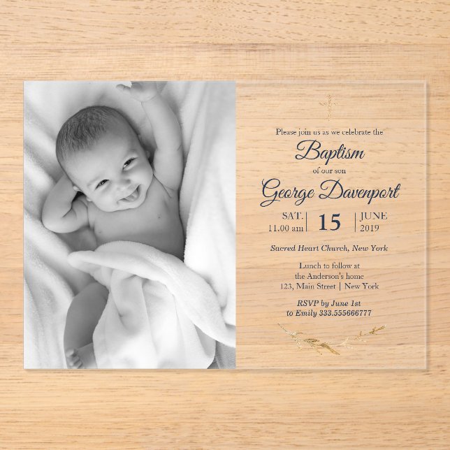 Elegant Baptism Religious event custom photo Acrylic Invitations (Front)
