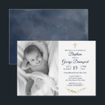 Elegant Baptism Religious event custom photo Invitation<br><div class="desc">Elegant Baptism event invitation in navy blue with gold floral details. It is personalised with your custom photo. Find matching products in our shop or contact us.</div>
