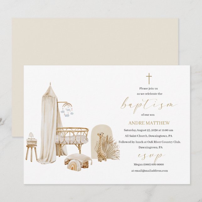 Elegant Baptism Religious gender neutral boho nurs Invitation (Front/Back)