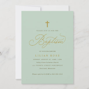 Elegant Baptism Sage Script Cross Invitation
