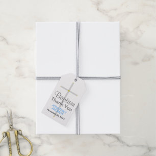 Elegant Baptism Silver Cross Blue Thank You Gift Tags