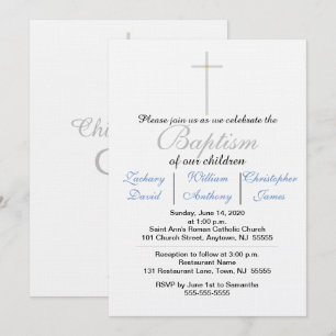 Elegant Baptism Silver Cross Blue Triplets  Invitation