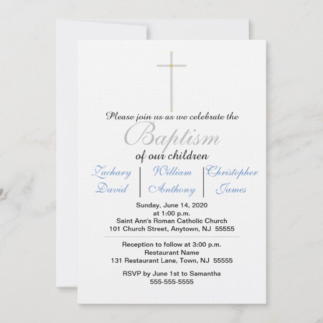 Elegant Baptism Silver Cross Blue Triplets  Invitation (Front)