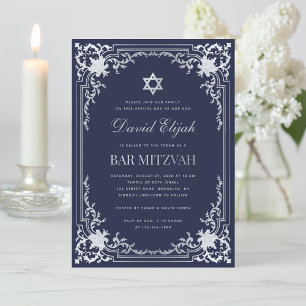 Elegant Bar Mitzvah Navy Blue Silver Grey Vintage Invitation
