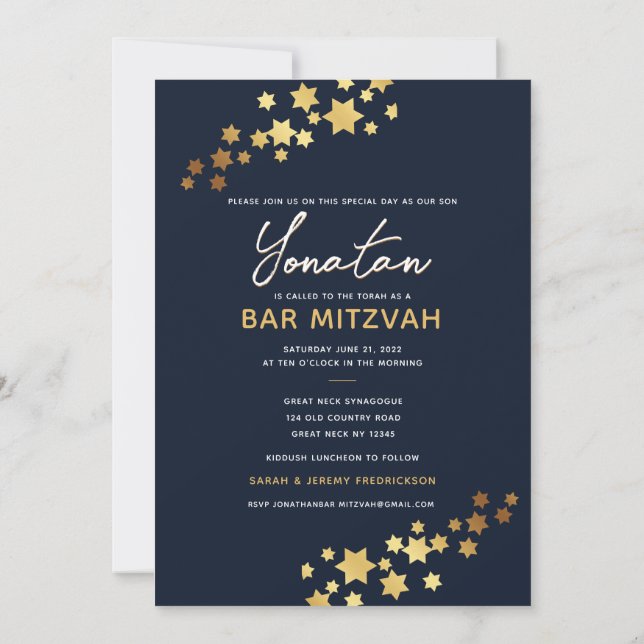 Elegant Bar Mitzvah Navy Gold Invitation (Back)